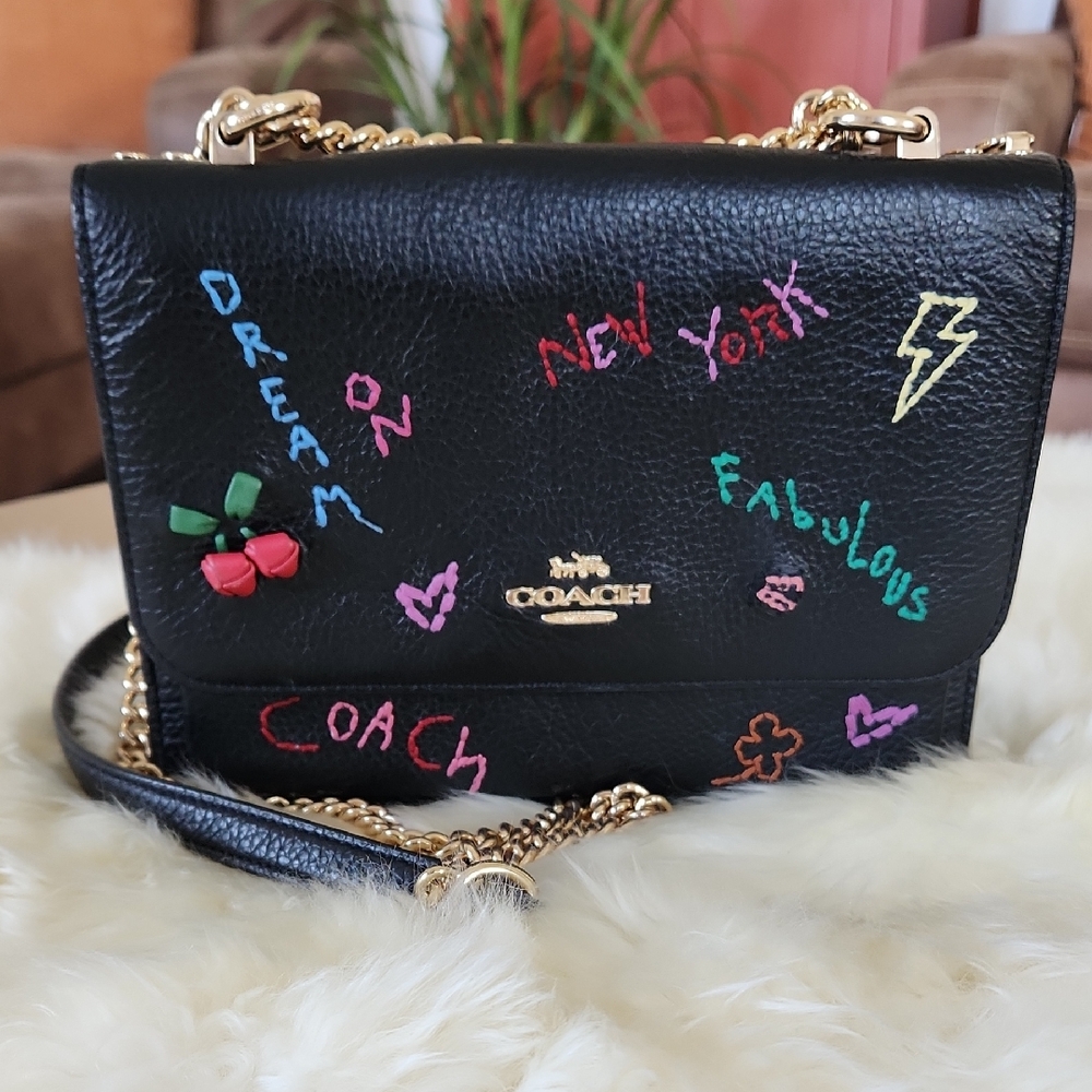 Stunning Coach Black Leather With Diary Embroidery Klare Crossbody Bag 🖤🍎🐞💜